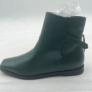 Dark Green Low Heel Back Strap Buckle Ankle Boots Square Toe Ladies Casual Boots